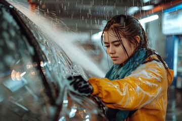 Obraz premium Girl wearing a yellow raincoat is carefully cleaning a vehicle at a car wash, with water droplets visible