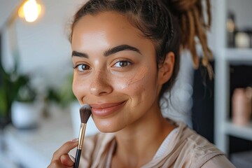Woman with a natural look applying highlighter on her cheek with a makeup brush