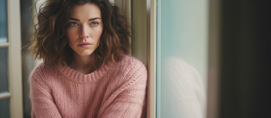 A woman with long hair in a pink sweater is leaning against a window sill, her chin resting on her hand as she gazes outside. Her nose, eyebrows, and eyelashes frame a gentle smile on her lips - obrazy, fototapety, plakaty