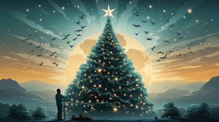 A man gazes at a Christmas tree under a starry sky