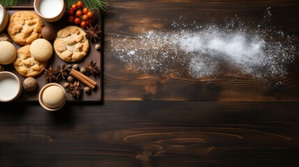 Wooden table displays a recipe for cookies with eggs, milk, and powdered sugar - obrazy, fototapety, plakaty
