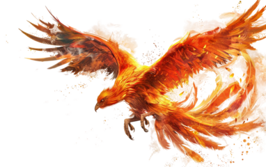 Ancient Phoenix Awakens from Ashen Slumber Isolated on Transparent Background PNG.