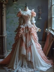 Victorian, petticoat, bridal. An opulent pink wedding dress with ruffles and feathers, tulle, long puffed sleeves, large round skirt, displayed on an empty mannequin