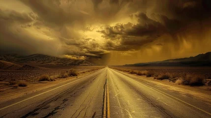 Tuinposter Desolate empty road stretching through a desert. Road travel on vacation. Relax trip in holiday © Ilmi