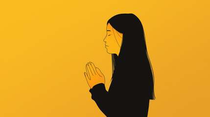 Mulher orando isolada com cores amarelo - Ilustração - obrazy, fototapety, plakaty