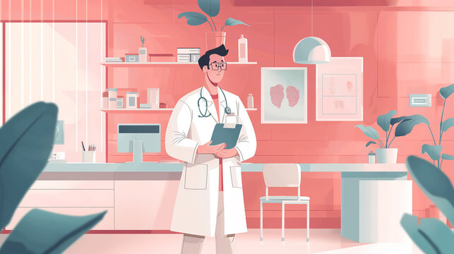 Medico no hospital com cores rosa - Ilustração