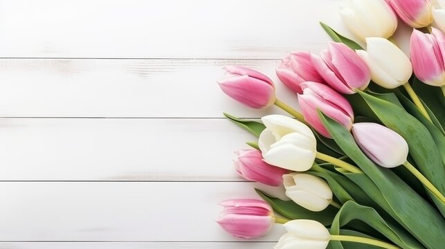 Top view of pink and white tulips on bright wood