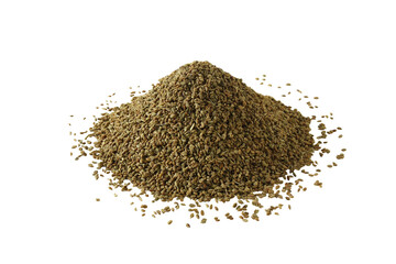 heap of ajwain or Trachyspermum ammi,caraway herb spice seeds also known in india as ajmo,ajowan, cut out on transparent background,png format,top view