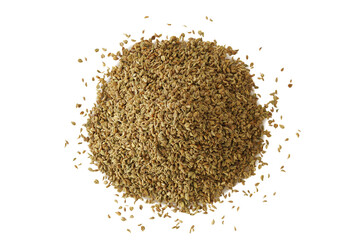 heap of ajwain or Trachyspermum ammi,caraway herb spice seeds also known in india as ajmo,ajowan, cut out on transparent background,png format,top view - obrazy, fototapety, plakaty