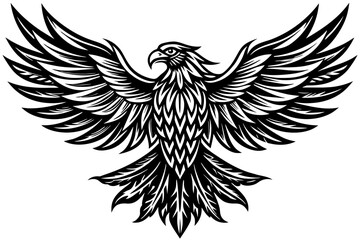 Eagle spreading its wing. Black and white vector.