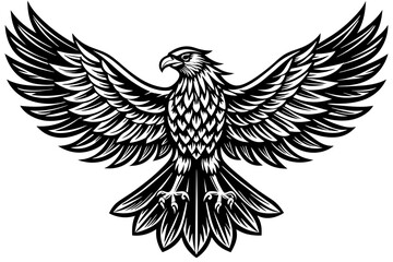 Eagle spreading its wing. Black and white vector.