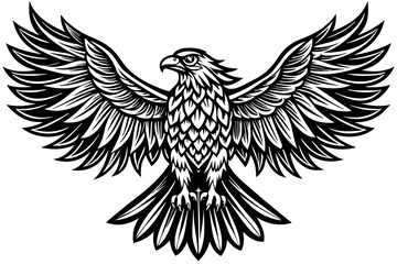 Eagle spreading its wing. Black and white vector.