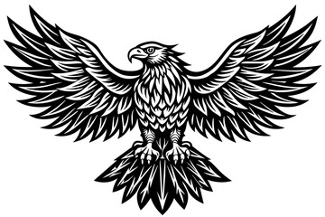 Eagle spreading its wing. Black and white vector.