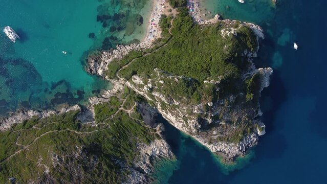 Top View of Overcrowded Porto Timone Beach, Corfu Island, Greece