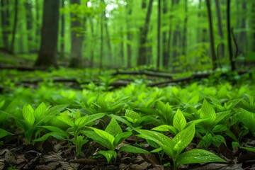 Obraz premium Lush Green Forest Floor with Fresh Spring Plants and Tall Trees Background in a Serene Woodland