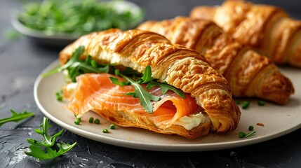 Croissants with salted salmon, cucumber and arugula served on dark background. Close up