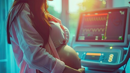 Ultrasound pregnancy. Doctor ultrasonic during ultrasound medicine examination of pregnant patient. Maternity, pregnancy concept - obrazy, fototapety, plakaty