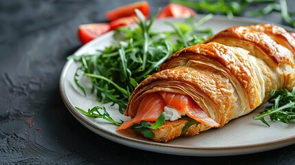 Croissants with salted salmon, cucumber and arugula served on dark background. Close up