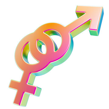 Interlocked female and male sign. Heterosexual holographic symbol isolated on transparent background. Male and female icons in blue and pink iridescent color.