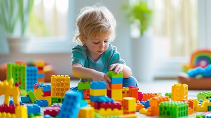 kid playing toy blocks isolated on white background
