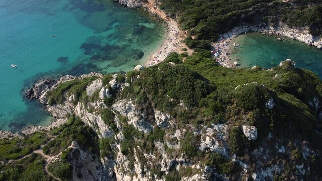 Revealing Aerial over the Rocks of Porto Timone Beach, Corfu, Greece