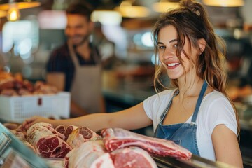 Attractive young female butcher with a smile, serving at the meat counter in a modern store