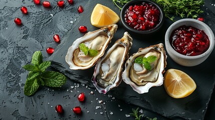 Oysters with lemon fruit on a black plate with mint and berry jam. High quality photo