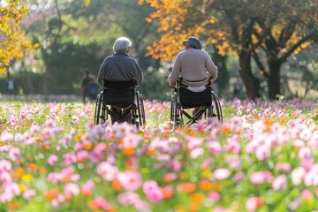 Seniors back to back, reflecting or enjoying a separate moment in a lively garden