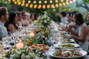 Elegant evening meal setup with guests enjoying a festive outdoor dining experience