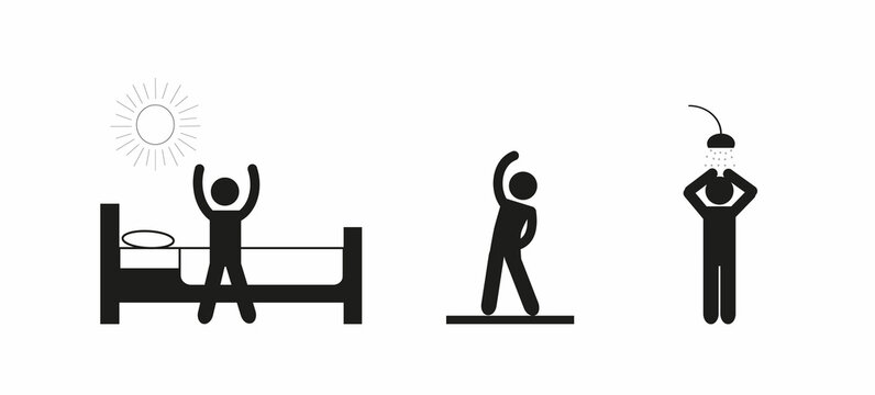 time of day morning, a person woke up, got up, took a shower, did exercises, healthy lifestyle, pictogram of a human figure, flat  illustration