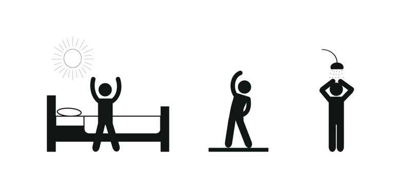 time of day morning, a person woke up, got up, took a shower, did exercises, healthy lifestyle, pictogram of a human figure, flat vector illustration