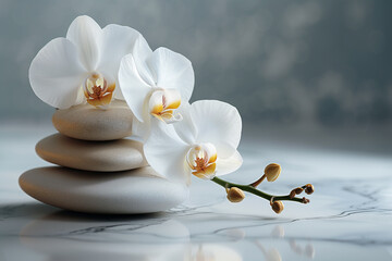 Stack of zen stones and white orchids on marble table.