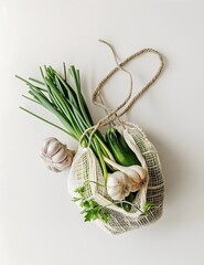A white net bag filled with vegetables, aesthetic, pastel green colors, white background