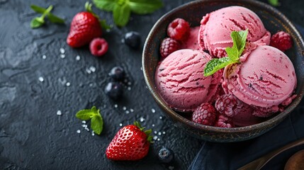 Vanilla ice cream scoops with fresh berries on the concrete dark background