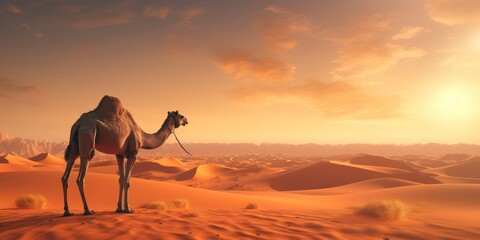Camel in the desert at sunset. - obrazy, fototapety, plakaty