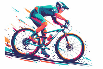 Obraz premium Mountain biker cycling with helmet in a contemporary athletic abstract design cycling bike landscape. Olympic games Extreme sport. Generative AI