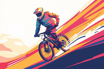 Fototapeta premium Mountain biker cycling with helmet in a contemporary athletic abstract design cycling bike landscape. Olympic games Extreme sport. Generative AI