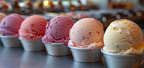 Variety of ice cream scoops in cones with chocolate, vanilla and strawberry - obrazy, fototapety, plakaty