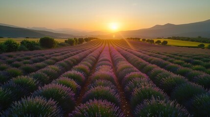 Provence Sunrise: Lavender Fields Awash in the Glowing Light of Dawn