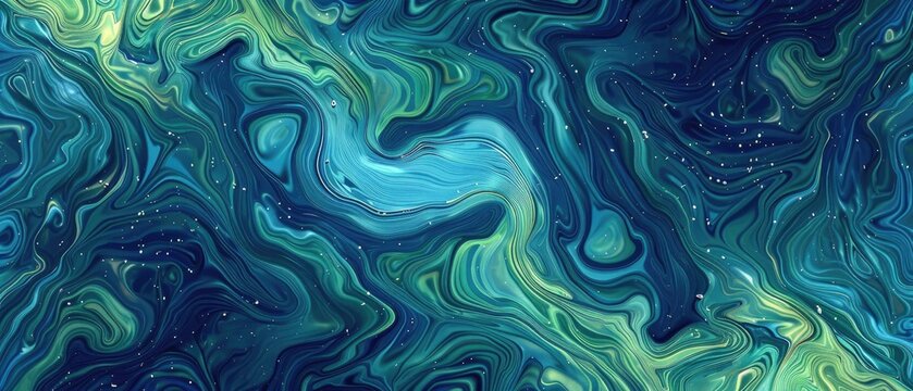 An abstract image featuring intertwining blue and green wave patterns, resembling a fluid art or marbled effect