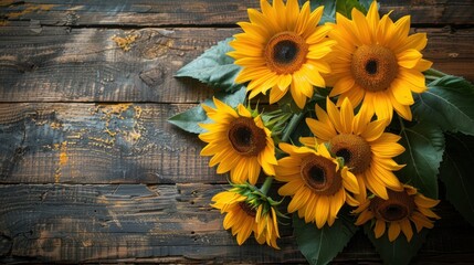 Sunflowers on Rustic Wooden Board - Nature's Beauty in a Charming Setting