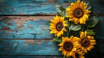 Sunflowers on Rustic Wooden Board - Nature's Beauty in a Charming Setting