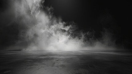 Abstract image of dark room concrete floor. Black room or stage background for product placement.Panoramic view of the abstract fog.