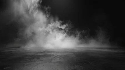 Fotobehang Abstract image of dark room concrete floor. Black room or stage background for product placement.Panoramic view of the abstract fog. © chanidapa