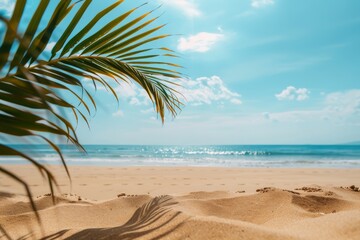 Sandy beach with palm leaves foreground and water glints.