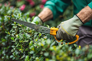 Obraz premium Close-up of a gardener's hands professionally shaping green hedges with electric hedge trimmers in a garden