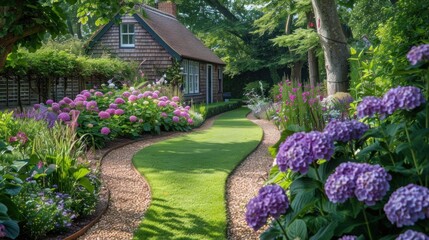 Serene Summer Garden with Blooming Hydrangea Annabelle and Beautiful English Cottage Landscape Design