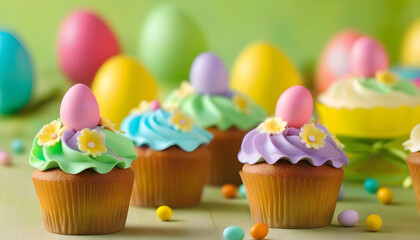 A close-up of beautifully decorated Easter cupcakes in pastel colors
