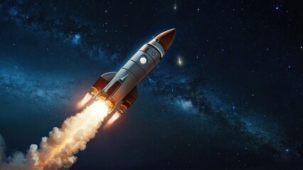A rocket flies against the background of the starry sky in space, for Cosmonautics Day, technology and astronomy, banner
