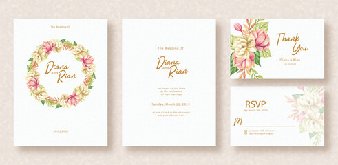 Colorful watercolor of flowers ornament on wedding invitation card